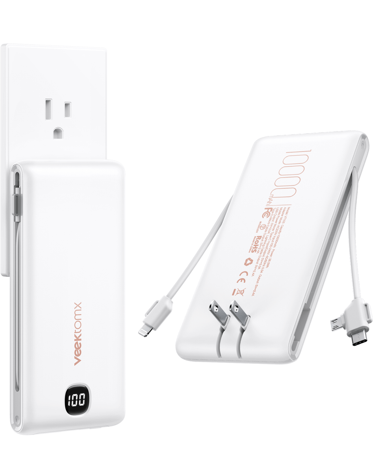 VEEKTOMX Portable Charger with Built in Cables 10000mAh, Power Bank for iPhone with Wall Plug, Travel Essential Fast Charging USB C Slim External Battery Pack for iPhone16/15/14, Samsung, iPad, etc
