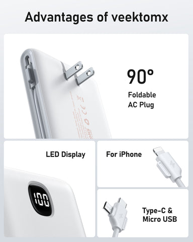 VEEKTOMX Portable Charger with Built in Cables 10000mAh, Power Bank for iPhone with Wall Plug, Travel Essential Fast Charging USB C Slim External Battery Pack for iPhone16/15/14, Samsung, iPad, etc