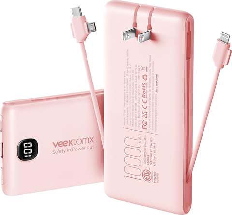 Portable Charger Power Bank Built in Cables and Wall Plug, 10000mAh iPhone Battery Pack Fast Charging, USB C External Slim Power Bank, Travel Essentials Compatible with iPhone 16 15 14 13 Samsung iPad