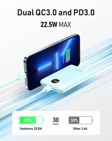 VEEKTOMX Mini Power Bank 10000mAh PD 22.5W USB-C Portable Charger PD 22.5W mini power bank 10000mAh with USB-C fast charging. Slim pocket-size portable charger for iPhone Samsung Android.