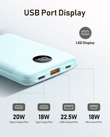 VEEKTOMX Mini Power Bank 10000mAh PD 22.5W USB-C Portable Charger PD 22.5W mini power bank 10000mAh with USB-C fast charging. Slim pocket-size portable charger for iPhone Samsung Android.