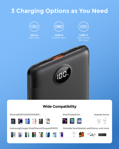 VEEKTOMX Mini Portable Charger 10000mAh, 22.5W Fast-Charging Portable Power Bank Ultra Slim & Lightweight 3 Output Ports Travel Battery Pack Compatible with iPhone/Samsung/One Plus, Travel Must-Have