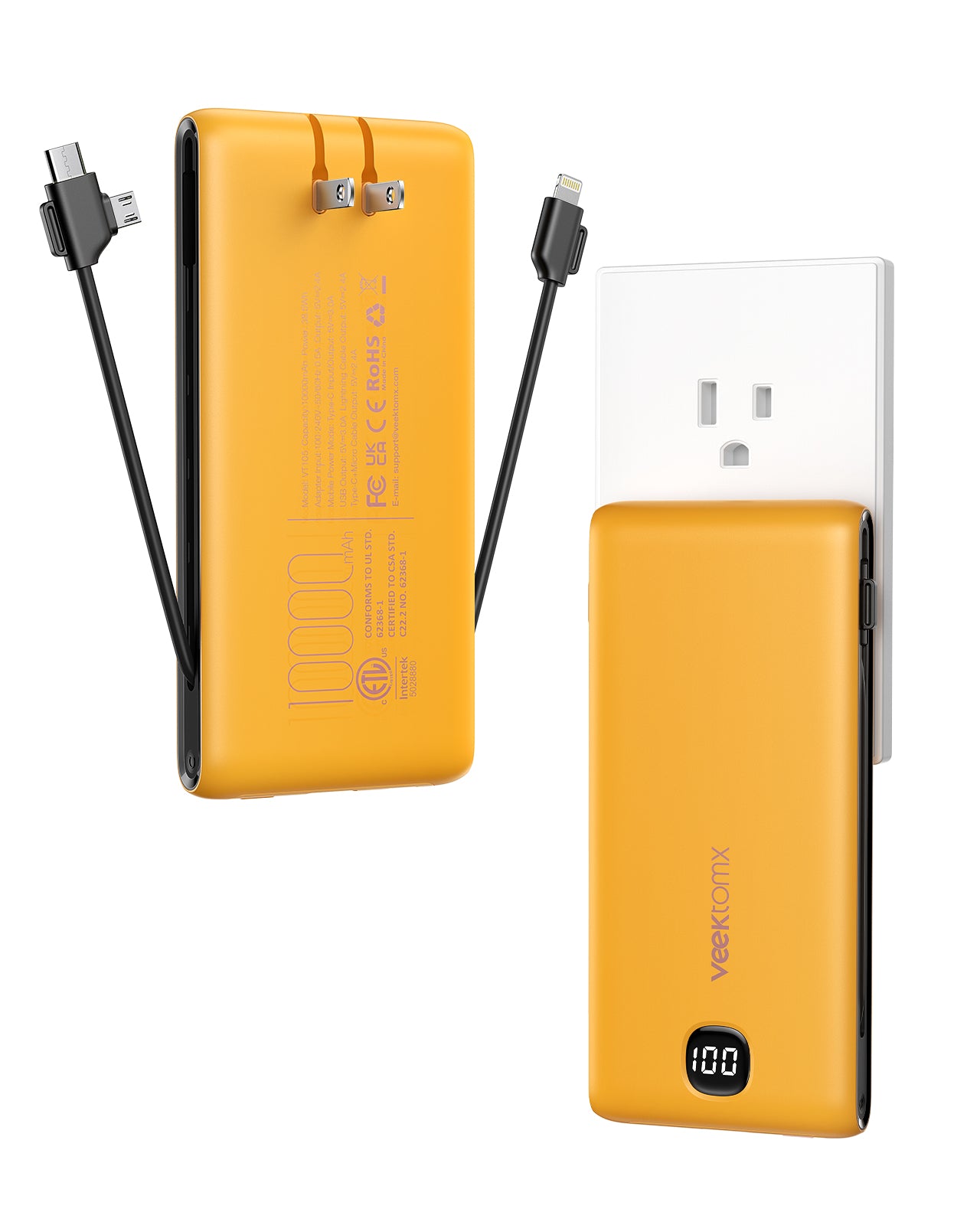 VEEKTOMX Portable Charger with Built in Cables 10000mAh, Power Bank for iPhone with Wall Plug, Travel Essential Fast Charging USB C Slim External